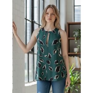 LOFT Women Green Leaf Print Sleeveless Keyhole Neck Swing‎ Top XS